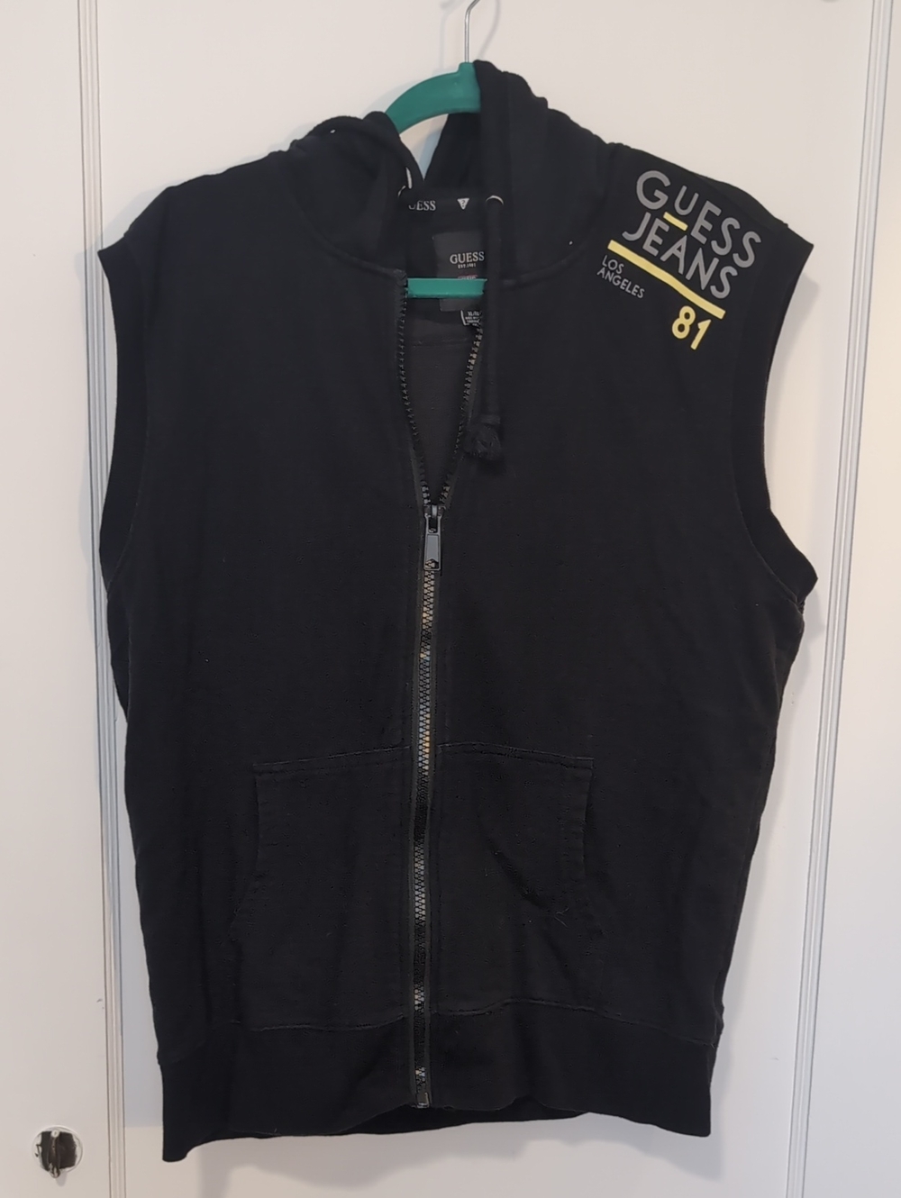Guess Black Sleeveless Zip-Up Hoodie Vest with Yellow Accent